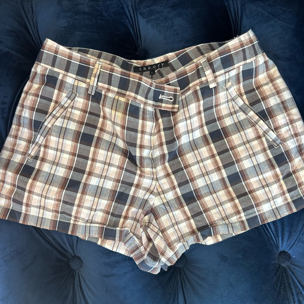 Theory Women's High Waist Plaid Shorts - Brown and Blue